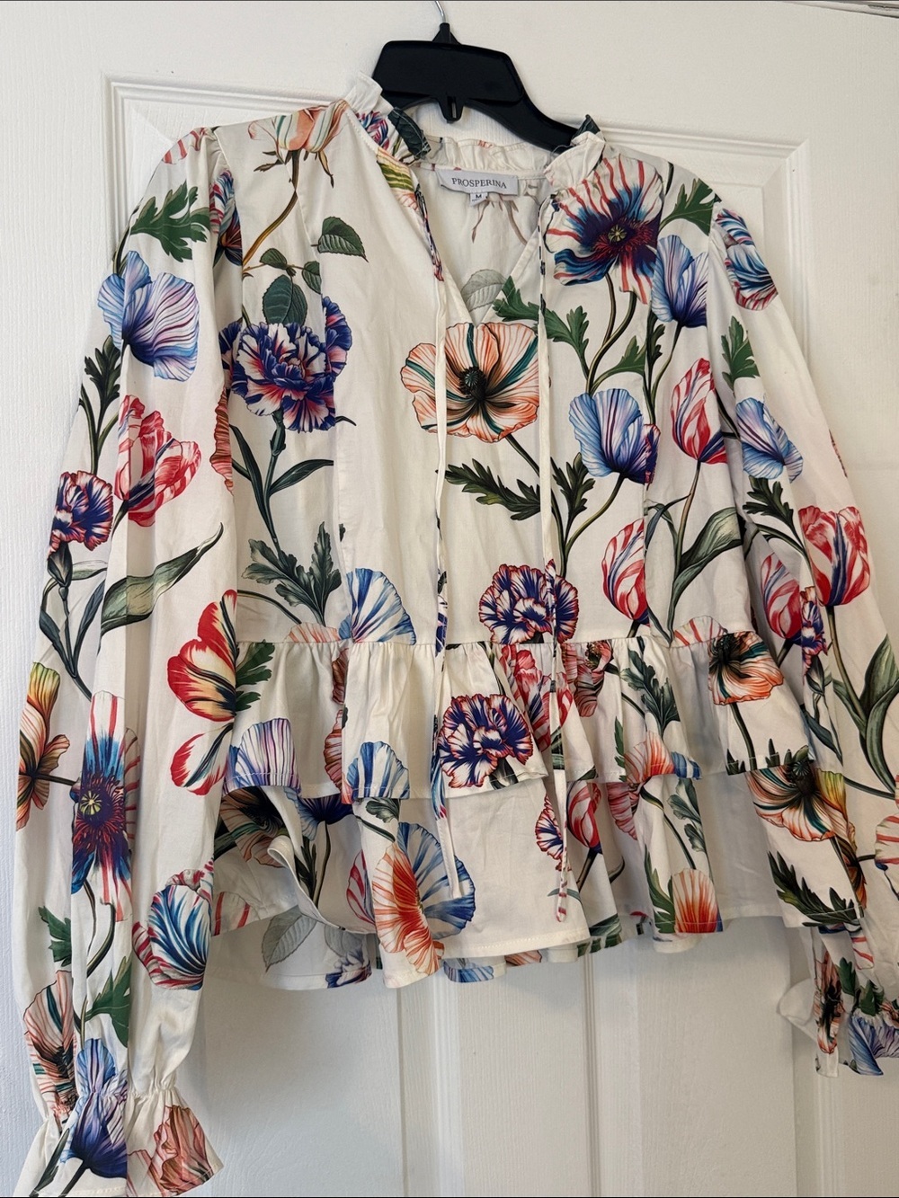 Prosperina White Multi Floral Poppy Print Blouse Top Size M | Ruffle Peplum